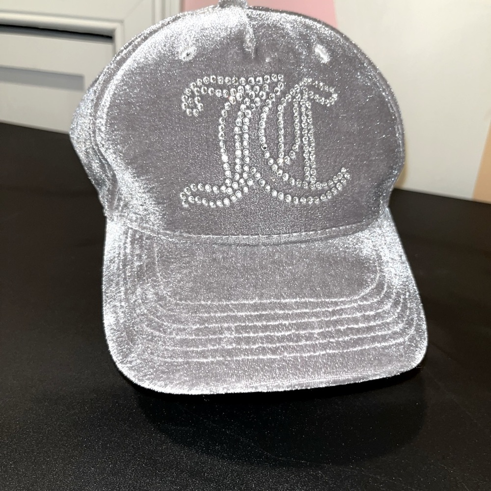 Juicy Couture Grey Velvet Rhinestones Logo Hat Cap Adjustable Strapback